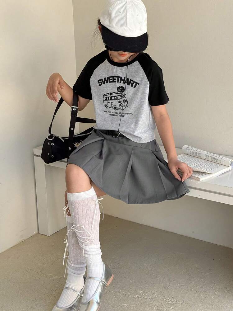 2pcs/Set Tween Girls Contrast Color Slogan Print Short Sleeve Top And Pleated Skirt