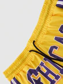 Manfinity Homme Men's Street Academy, INS Basketball Jersey Set, Flame Basketball Chicago Number 23 Oversized Graphic Print, Purple And Yellow Classic Color-Blocked Loose Fit Short Sleeve T-Shirt And Shorts Set. Jersey Shirt ,Men Shorts Set ,Men Two Pieces Outfits ,Yellow Shorts ,Yellow T-Shirt - Yellow - View 7