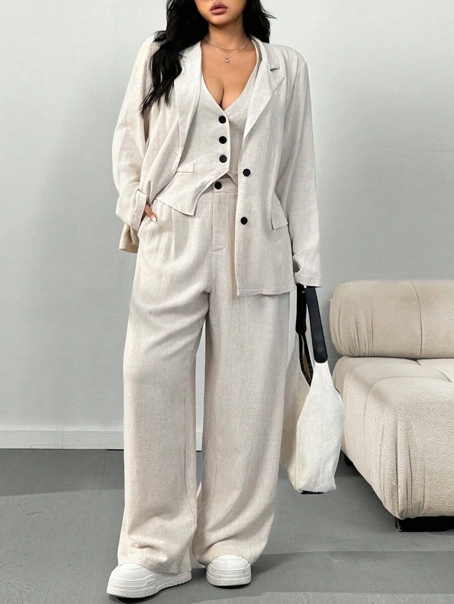 SHEIN EZwear Spring Linen Lightweight Mandarin Collar Front Button Down Jacket, Minimalist Sleeveless Top And Pants Casual Plus Size Suit Graduation,Back To School,Teacher Outfits For Women In Fall/Winter