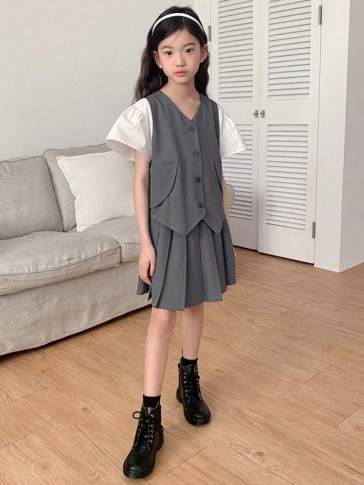Tween Girl Button Front Minimalist Top And Mini Skirt Casual 2 Pieces Set,Girls Summer Outfits,Back To School Clothes