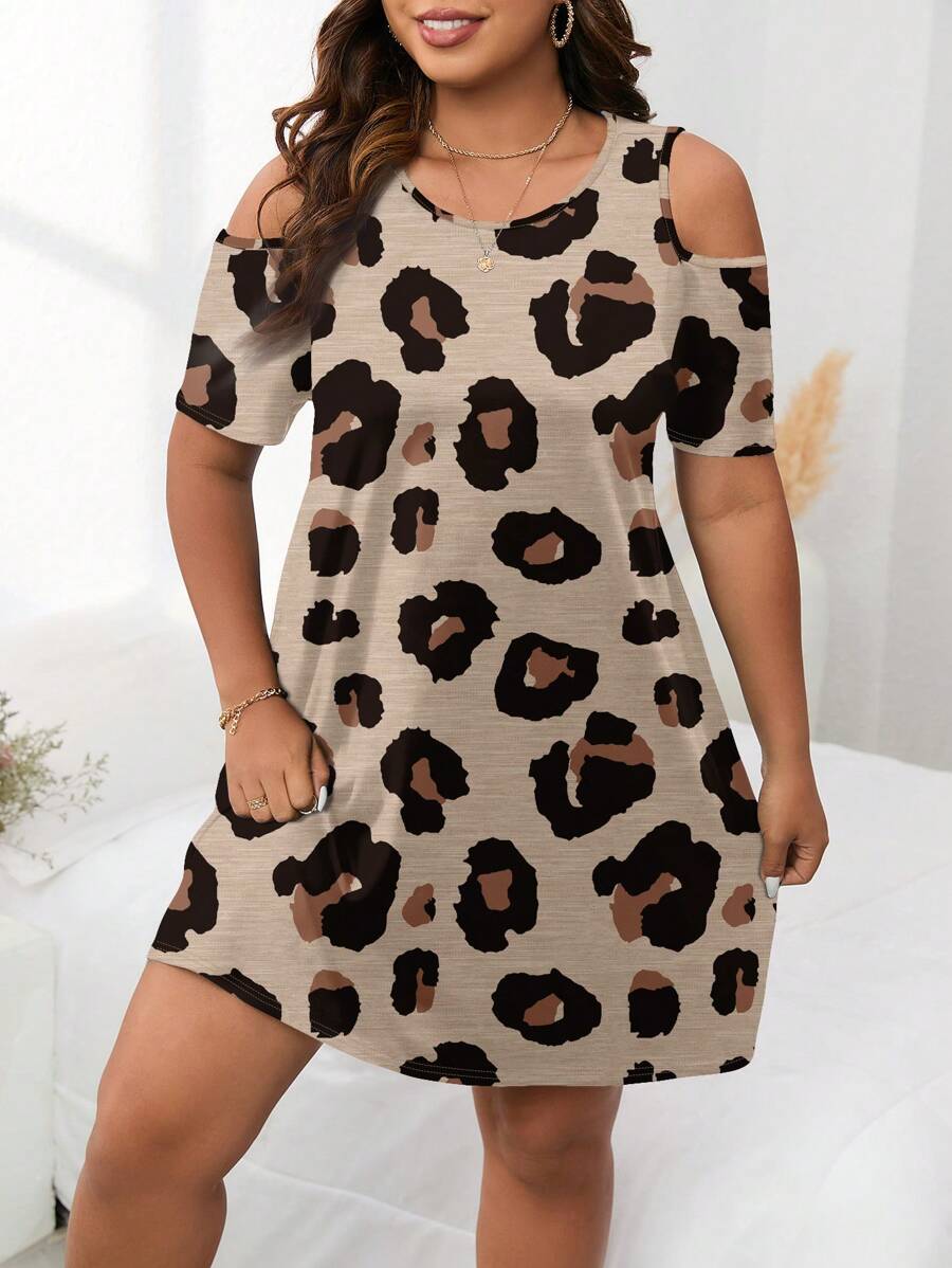 EMERY ROSE 休闲简约豹纹图案宽松圆领短袖大码连衣裙，适合夏季 - 卡其色 - 查看 1