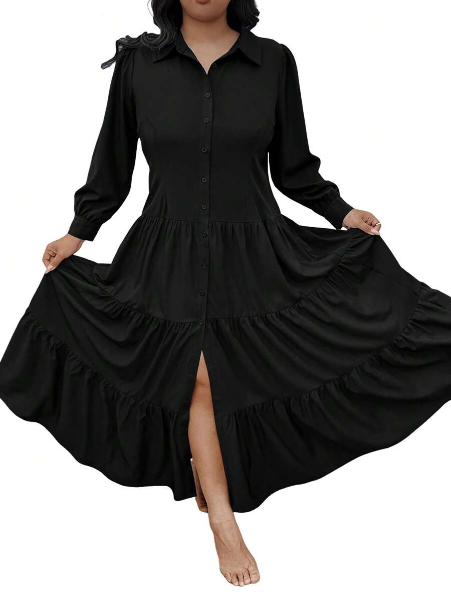 SHEIN Plus Size Ruffle Trim Button Front Shirt Dress Fall Cloth For Women - Black - View 1