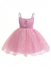 Baby Girl Sleeveless Princess Tulle Dress, Star & Cake Design, Birthday Party Outfit - Coffee Brown - View 1