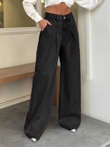 EURMUSE 100% 纯棉高腰阔腿复古牛仔裤 - 黑色 - 查看 5