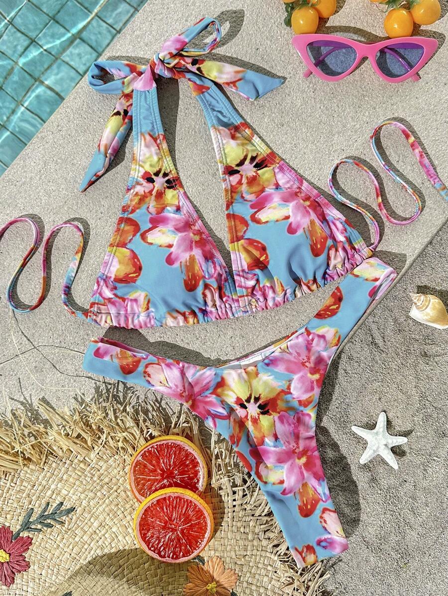 SHEIN VCAY Women's Halter Neck Tied Back Printed Bikini Top And Bottom Swimwear Set,Spring&Summer,Summer Outfits For Women,Vacation Outfits Woman,Beach Outfits For Woman,Spring Outfits For Women,Concert Outfit Women,Boho,Rave Outfits Festival,Festival Outfits For Women,Spring Break,Beach Vacation Outfits,Bathing Suit,Push Up Bikini - Blue - View 1