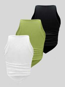 Flirla 2pcs/Set Crisscross Ribbed Hem Pleated Detail Spaghetti Strap Camisole Top In Multiple Colors Women Tank Tops Camis Elegant Fitted Tops