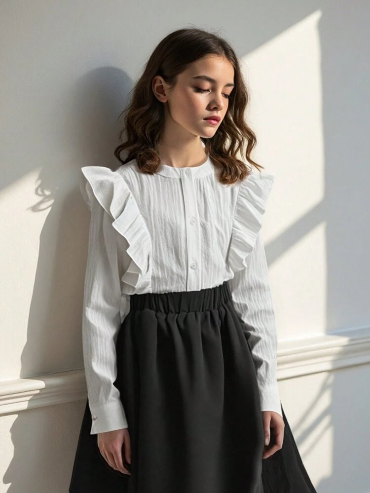 Tween Girls Black And White,Autumn,Formal Two-Piece Set,Jacquard Round Neck Ruffle Shoulder Long Sleeve Blouse & Solid Skirt,Urban Campus Casual Wear