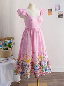 Soleia Casual Vacation Multi-Color Positioning Floral Print Cap Sleeves Back Tie Plus Size Boho Vintage Dress , For Spring, For Summer