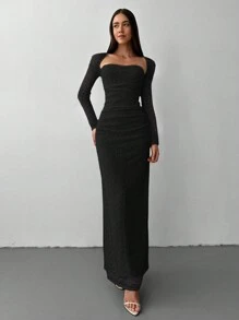 Aloruh Váy dệt kim Jacquard cổ vuông thanh lịch cho nữ, hàng mới về mùa thu/đông - màu đen - Xem 7