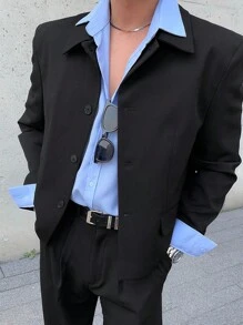 DAZY 男士纯黑色西装套装，包含夹克和裤子，适合所有季节，秋冬季商务着装 - 黑色 - 查看 8