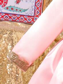 SHEIN Ramadanowa sukienka dla dziewczynki, niemowlęcia, malucha, 0-3 lat, klasyczna, elegancka, konserwatywna, pałacowa, w stylu kryształowym, satynowa, 3D, złota, koronkowa, dekolt w serek, długie rękawy