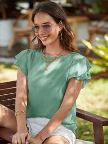 SHEIN Clasi Camisa de manga corta con dobladillo con doble volante de unicolor casual de vacaciones