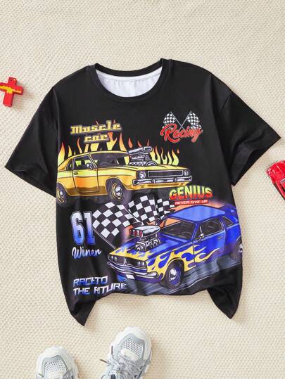 Tween Boy 汽车图案字母印花圆领短袖休闲 T 恤