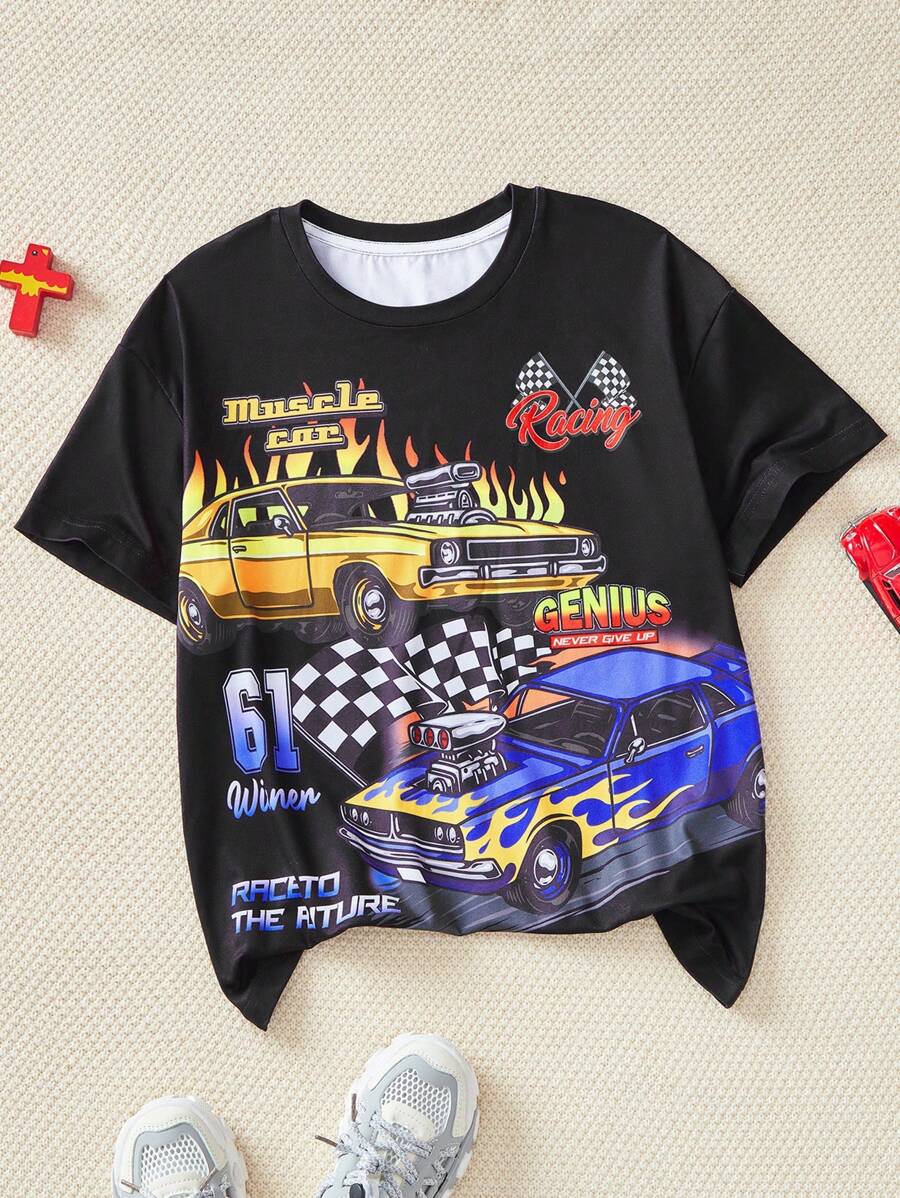 Tween Boy 汽车图案字母印花圆领短袖休闲 T 恤 - 黑色 - 查看 1