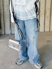 FRIFUL 女士透明超短荷叶边蕾丝下摆迷你裙、蛋糕裙 - 白色 - 查看 5