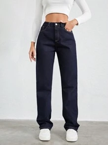 EURMUSE 100%Cotton Slant Pocket Straight Leg Jeans - Navy Blue - View 1