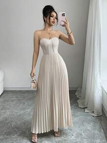 Gloray Women's Elegant Pleated Strapless Slim Fit Midi Dress - Apricot - View 8