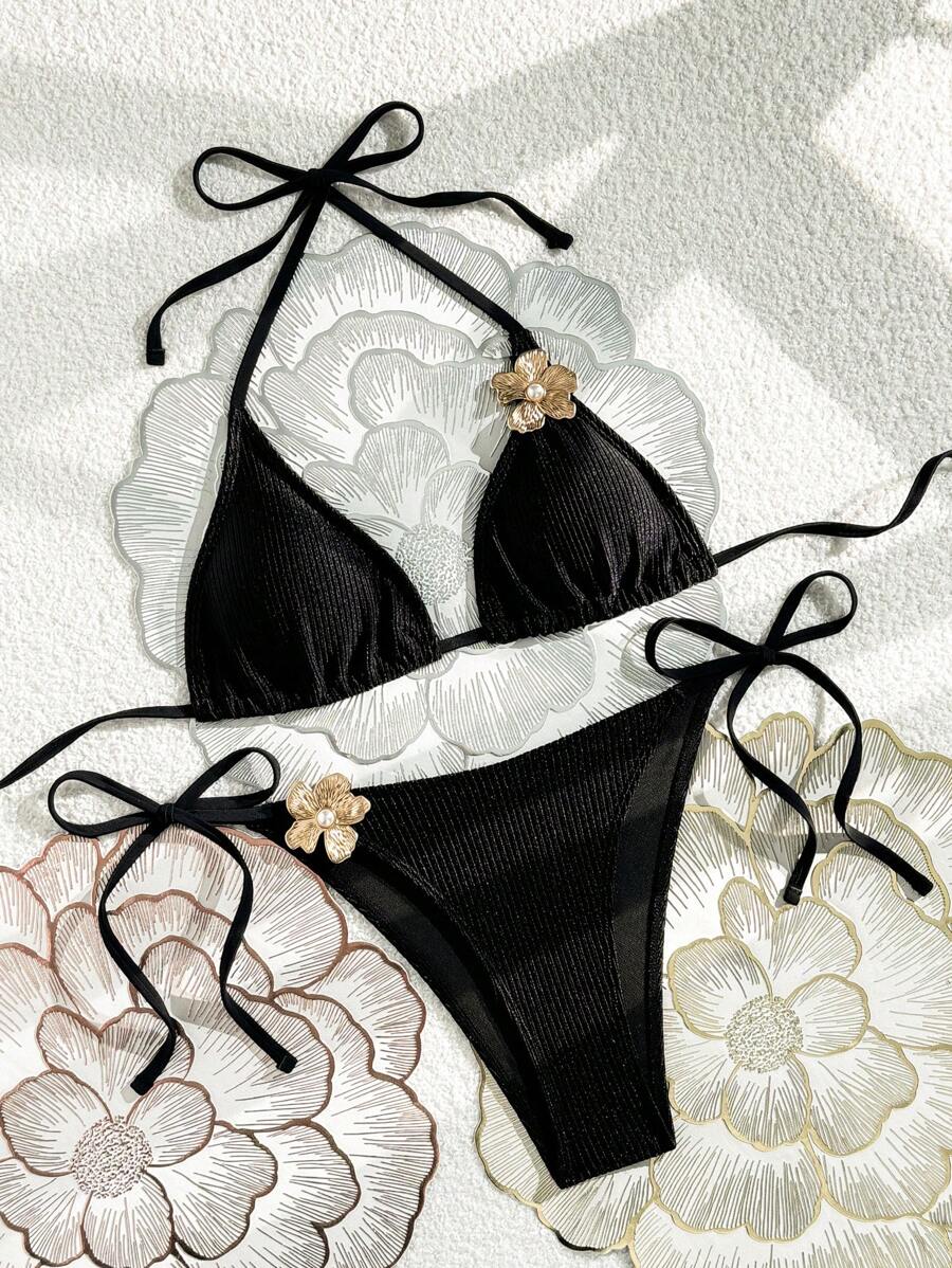 SHEIN Swim Chicsea 2 件装春假纯色吊带系带泳裤装饰花卉性感泳装套装 - 黑色 - 查看 1