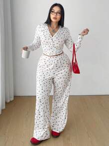 Flirla Bộ đồ ngủ dài tay in họa tiết dễ thương 2 món - trắng - Xem 3