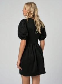 EURMUSE Women Cute Solid Color Front Bow Dress - Black - View 2