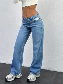 EURMUSE WOMEN LOW WAIST STRAIGHT JEAN CASUAL - Medium Wash - View 3