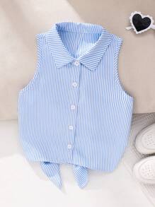 SHEIN 年轻女孩编织不对称下摆条纹休闲衬衫 - 藍色 - 查看 5