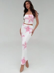 Aloruh Conjunto de 2 piezas de top tubo acanalado y falda con estampado floral elegante y sexy en rosa, adecuado para vacaciones de primavera/playa, cita romántica de San Valentín, salida de moda, festival de música