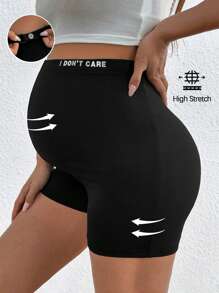 SHEIN Slogan Print Adjustable Waist Maternity Shorts - Black - View 1