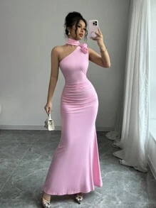 Rafferiza Elegant Quality Sexy Ruffle Pink 3D Floral One Shoulder Asymmetrical Design Mermaid Dress For Women - Pink - View 3