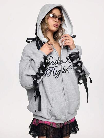 Street Life Street Y2K Style Oversized Color Block Tied Bow Embroidered Logo Hooded Sweatshirt For Women
