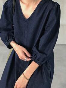 FRIFUL Women Loose Long Denim Dress With Puff Sleeves Ruffle Hem, Spring & Summer,Back To School Clothes - Medium Wash - View 3