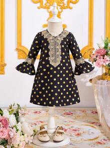 SHEIN Adorable Black Polka Dot Fancy Long Sleeve Dress For Baby Girls - Black - View 11