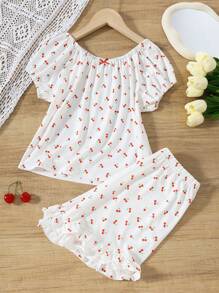 Tween Girl Fruit Print Bow Decor Short Sleeve Top And Ruffle Hem Shorts 2pcs Set, Loungewear - Multicolor - View 1