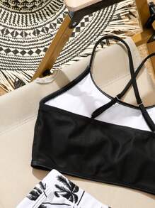 SHEIN Tween Girl Swimwear 2 Pieces Set, Cute Front Coconut Tree Design Shorts - Multicolor - View 5