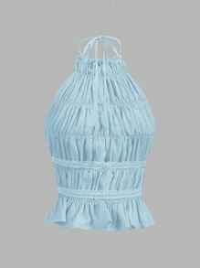 Aloruh Women's Neck-Tie Adjustable Ruched Multi-Layer Semi-Sheer Romantic Date Cropped Camisole - Blue - View 6