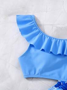 SHEIN Tween Girl Knit Patchwork Tropical Print Hollowed Out Waist Ruffle One Shoulder One-Piece Swimsuit - Blue - View 5