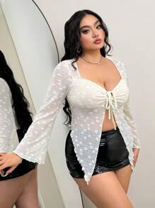 SHEIN ICON Plus Size Apricot Chest Tie Front Ruched Flare Sleeve Split Hem Top - Apricot - View 7