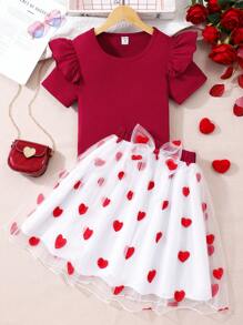 Tween Girls Solid Ribbed Top And Heart Net Skirt 2 Pieces Set - Red - View 3