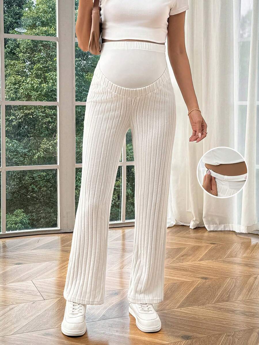SHEIN Maternity Casual Solid Color High Waist Straight Leg Pants - Apricot - View 1