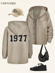 SHEIN 1 件男童复古美式学院风中长款连帽衬衫，休闲百搭新品