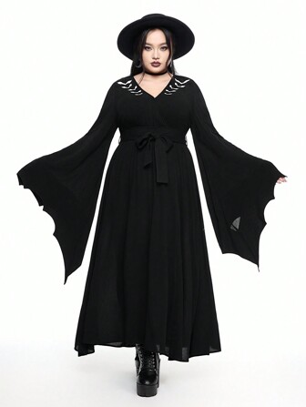 Goth Robe mi-longue asymétrique à manches chauve-souris slim de style gothique avec imprimé chauve-souris pour femmes de grande taille