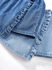 SHEIN 2 件套年轻女孩海军蓝和浅蓝色牛仔短裙短裤，女童春夏休闲度假乡村波西米亚风装，女童复活节沙滩装