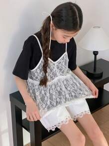 DAZY 2pcs/Set Tween Girl Solid Color Lace Camisole & Short Sleeve Top - Black and White - View 7