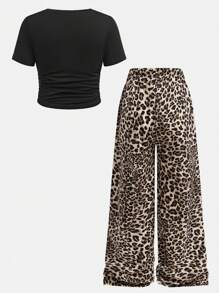 SHEIN Girlism Tween Girl Solid Knit Crew Neck Short Sleeve Top And Leopard Print Wide Leg Pants Set - Black - View 10