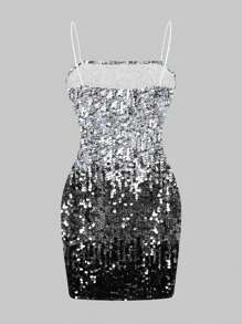 SHEIN EZwear 休闲简约银色亮片装饰图案女式撞色亮片连衣裙，夏季 - 彩色 - 查看 5