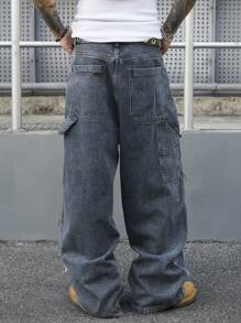 Manfinity EMRG Men's Blue-Gray Washed Denim Baggy Street Utility Pants, StreetEZ - Dusty Blue - View 2
