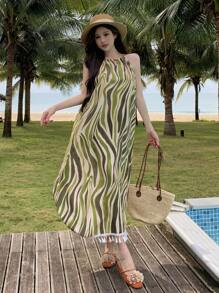 DAZY Vacation Style Beach Tied String Tunic Dress, Women's Mid-Length Ditsy Floral Bohemian Geometric Striped Summer Dress Cruise Women Outfits - Green - View 2