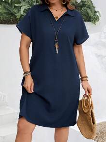 EMERY ROSE Damen Große Größen Sommer Kragen Boho gerades blaues Kurzarm Kleid