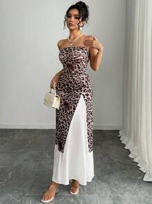 SHEIN LUNE Standard Sized Women Leopard Print Strapless Bodycon Dress With Cinched Waist And Open Slit Hem - Multicolor - View 7