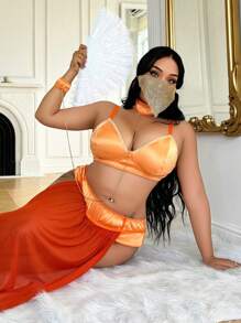 Bộ đồ lót gợi cảm 3 món Bondage Goddess Princess dài xẻ tà cỡ lớn + quần lót + cổ - Màu Khaki - Xem 5